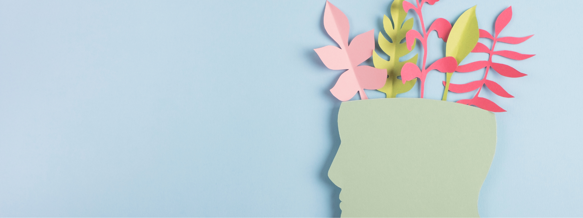 silhouette of persons face side profile, with paper flowers coming out of head